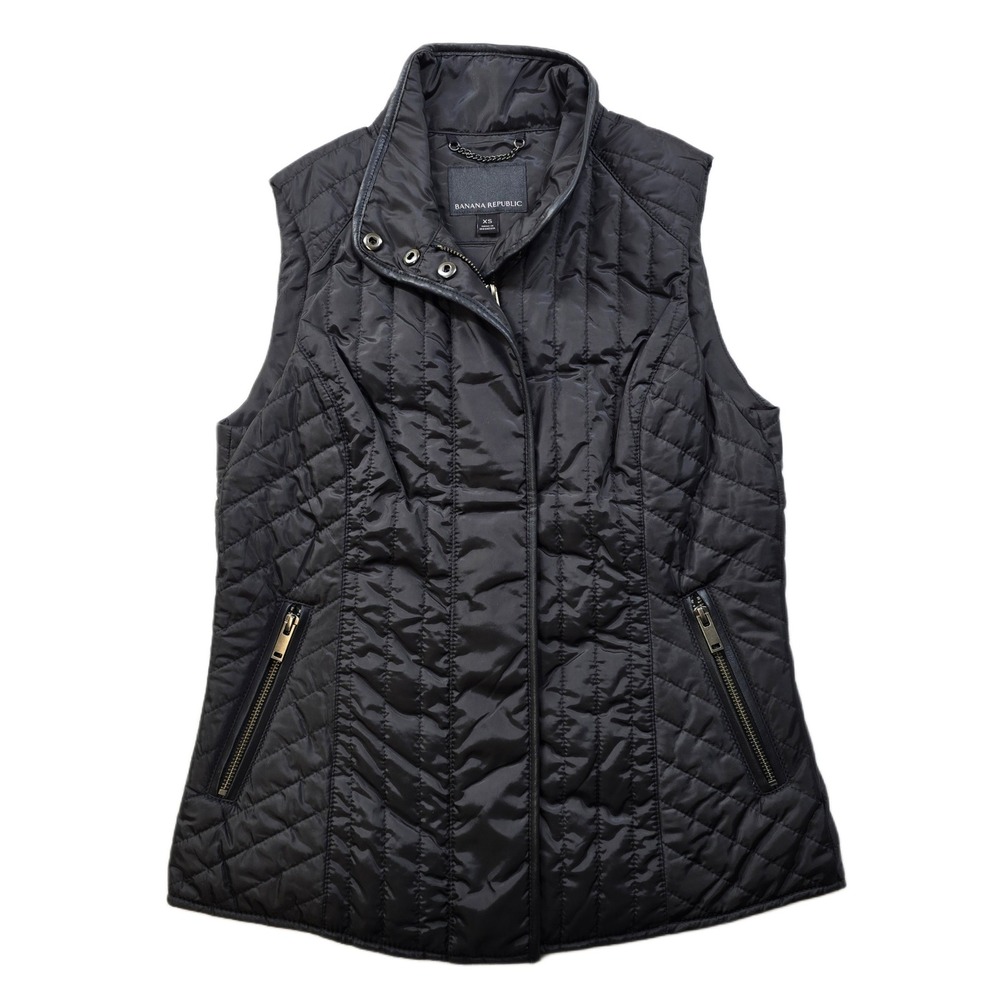 Banana Republic Quilted Puffer Vest Womens XS Black Synthetic Leather Trim